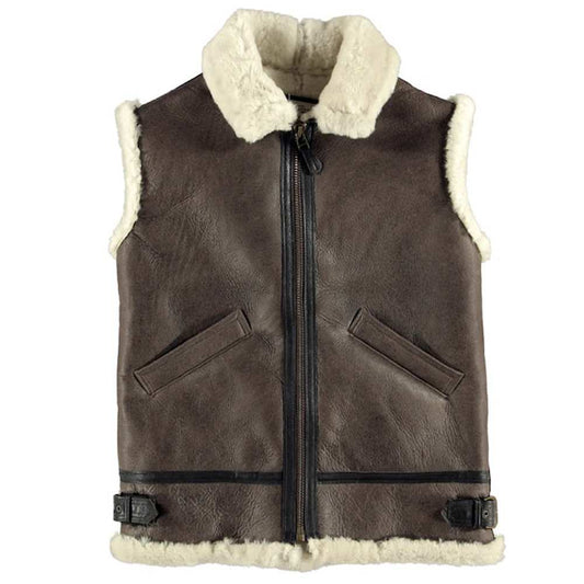 Aviator Dark Brown Shearling Bomber Leather Vest - Jacket Hunt