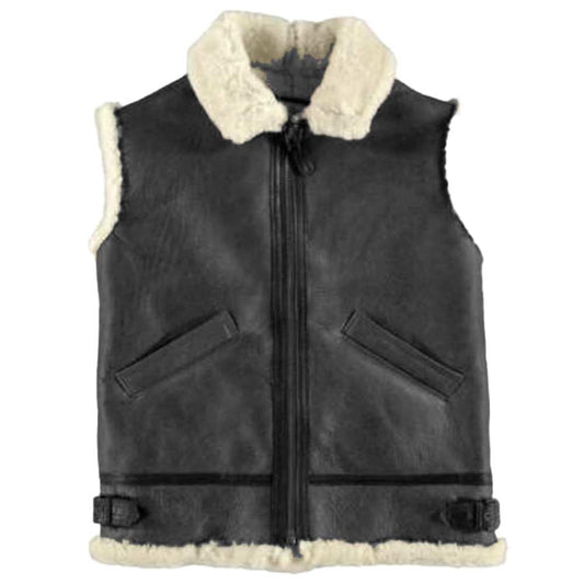 Black Aviator Shearling Bomber Leather Vest - Jacket Hunt