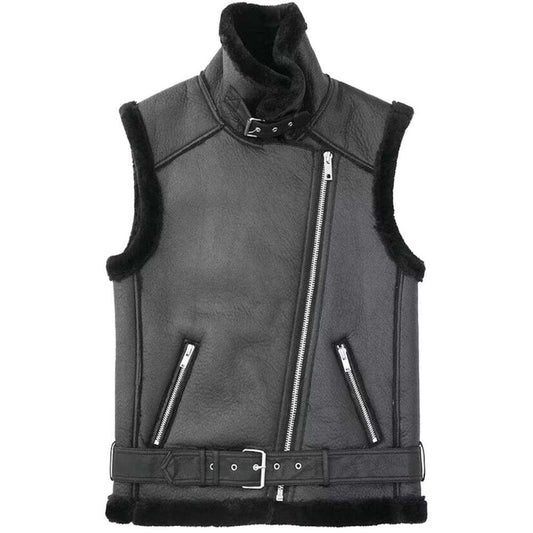 Black Aviator Shearling Leather Vest Women | B3 Bomber Motorcycle Vest