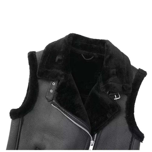 Black Aviator Shearling Leather Vest Women | B3 Bomber Motorcycle Vest