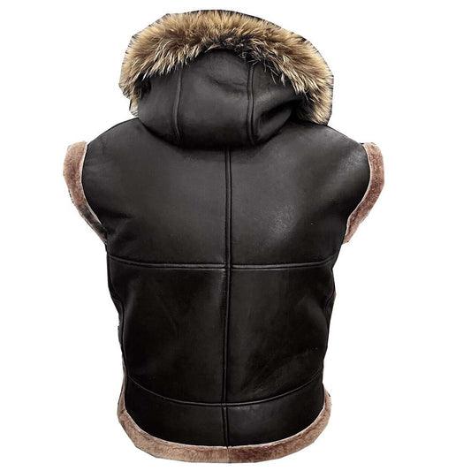 Black Aviator Flying Pilot Shearling Bomber Hooded Vest Men's