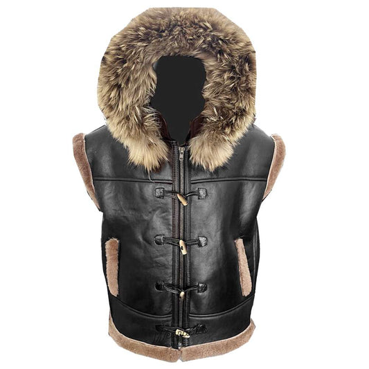 Black Aviator Flying Pilot Shearling Bomber Hooded Vest Men's