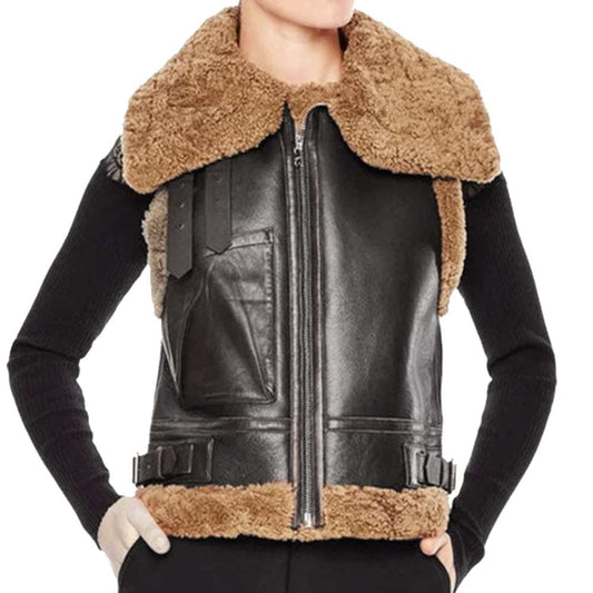 Black B3 Aviator Bomber Shearling Leather Vest Women