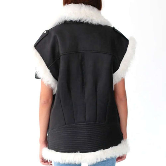 Black Motorcycle Shearling Genuine Leather Vest Women's - Jacket Hunt