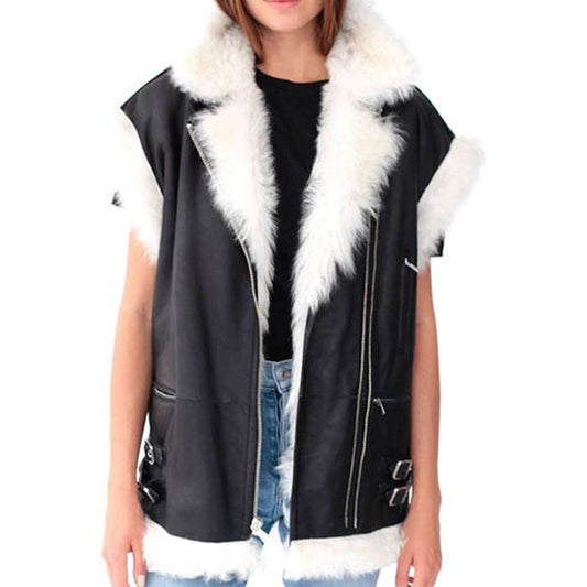 Black Motorcycle Shearling Genuine Leather Vest Women's - Jacket Hunt