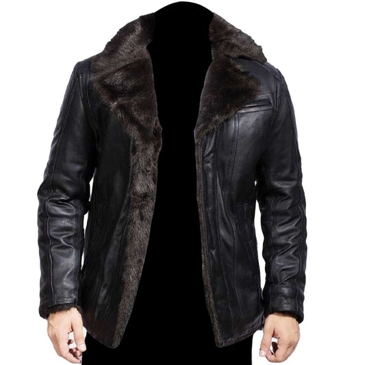 Black Premium Leather Shearling Fur Coat Men's