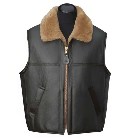 Black Shearling Aviator B3 Bomber Leather Vest | Men Flying Pilot Fur Vest