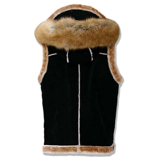Black Suede Leather Shaerling Motorcycle Hoodie Vest Men - Jacket Hunt