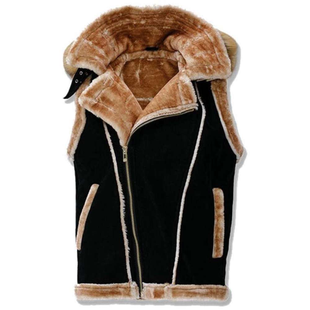 Black Suede Leather Shaerling Motorcycle Hoodie Vest Men - Jacket Hunt Black Suede Leather Shaerling Motorcycle Hoodie Vest Men - Jacket Hunt