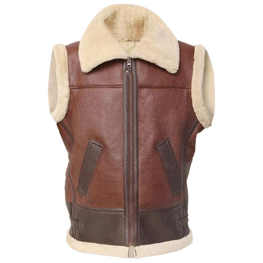 Brown Aviator Pilot Shearling Leather Vest Men - Jacket Hunt