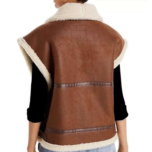 Dark Brown Aviator Bomber Shearling Leather Vest Women - Jacket Hunt