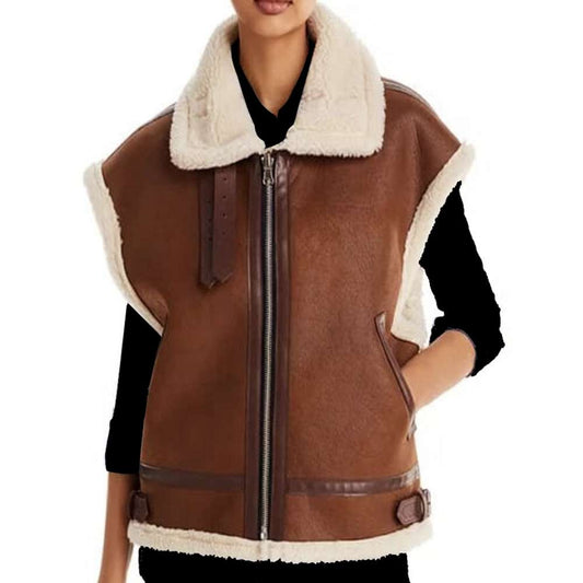 Dark Brown Aviator Bomber Shearling Leather Vest Women - Jacket Hunt