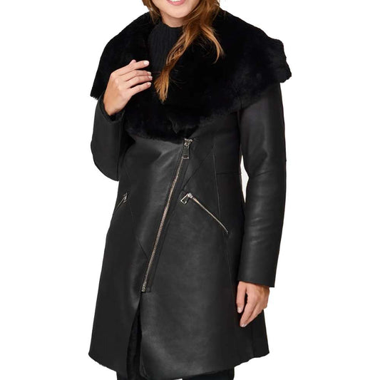 Diagonal Zipper Women Black Shearling Leather Coat - Jacket Hunt