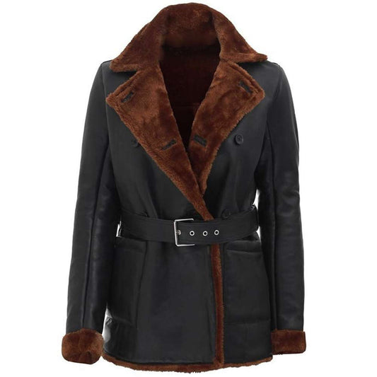 Double Breasted Shearling Leather Coat Women Winters Jacket