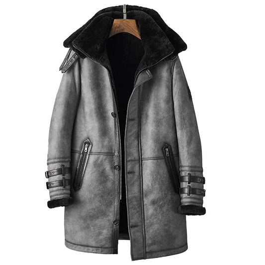 Gray B3 Shearling Aviator Long Coat Men WW2 Flying Pilot Winter Coat