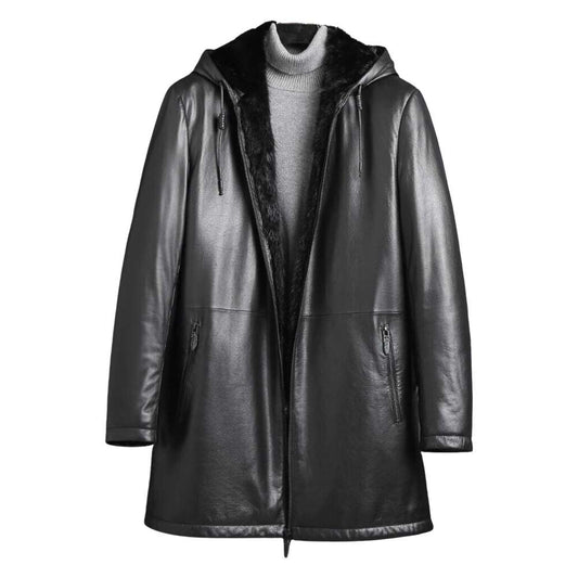Men Black Shearling Leather Blazer Bomber Leather Hoodie Trench Coat
