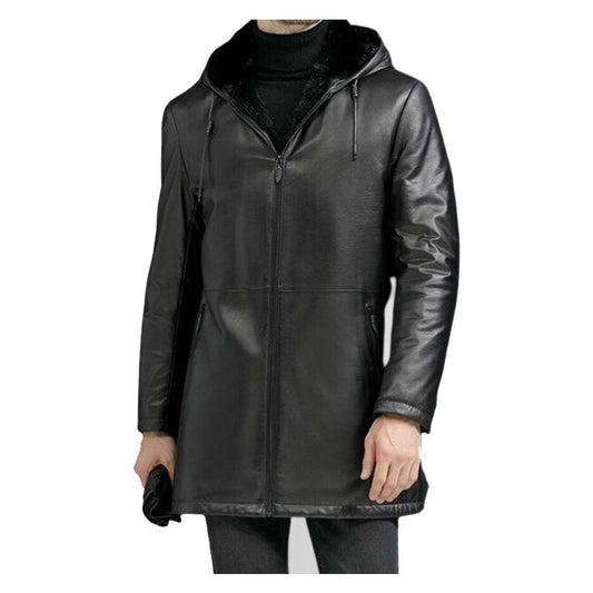 Men Black Shearling Leather Blazer Bomber Leather Hoodie Trench Coat