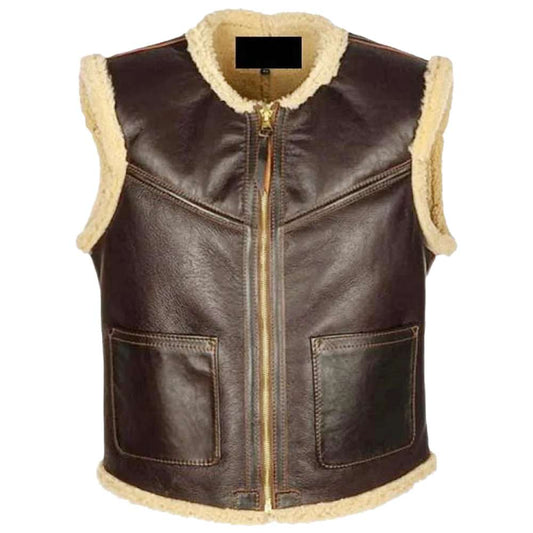 Men Vintage Motorcycle Bomber Shearling Leather Vest Dark Brown