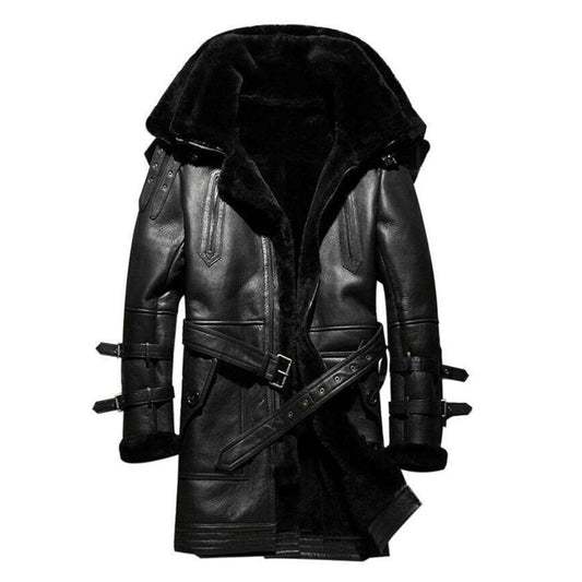 Men's B3 RAF Aviator Black Bomber Jacket Fur Leather Coat