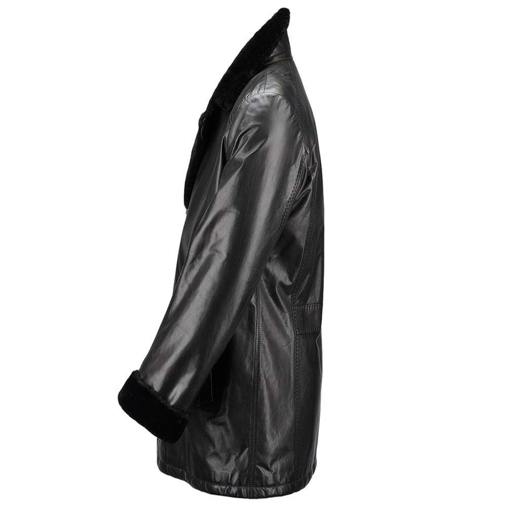 Men's Black Shearling Trench Leather Coat Vintage Fur Overcoat