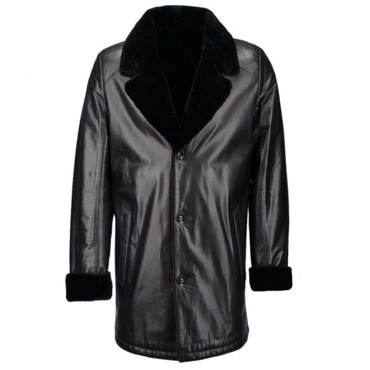 Men's Black Shearling Trench Leather Coat Vintage Fur Overcoat