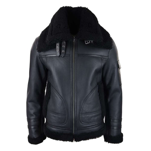 Men's Flying Aviator Black Shearling Bomber Leather Jacket | Winters Fur Jacket