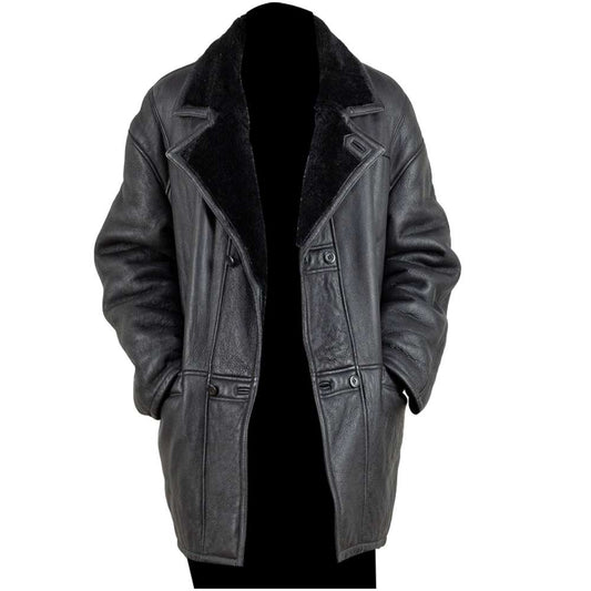 Retro Shearling Leather Black Trench Overcoat Men
