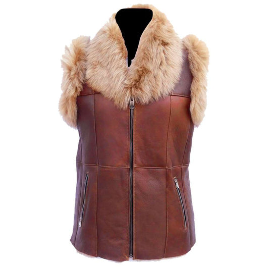 Women Bomber Shearling Wax Leather Vest Ladies Vintage Fur Vest