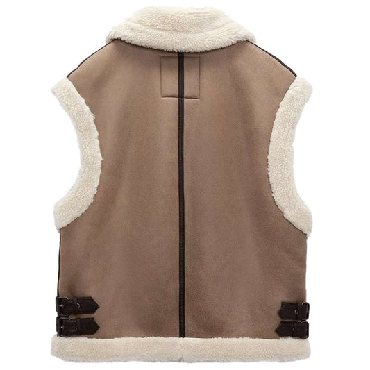 Women Camel Brown Motorcycle Shearling Leather Vest
