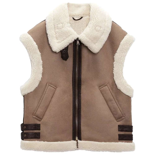 Women Camel Brown Motorcycle Shearling Leather Vest