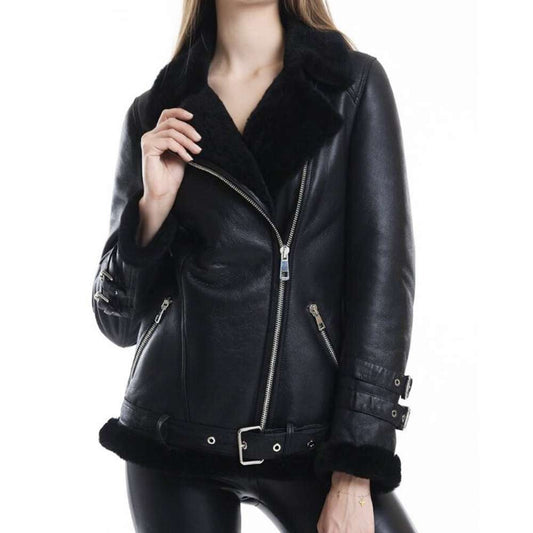 Women's Black Motorcycle Shearling Fur Leather Jacket | Flying Pilot Coat