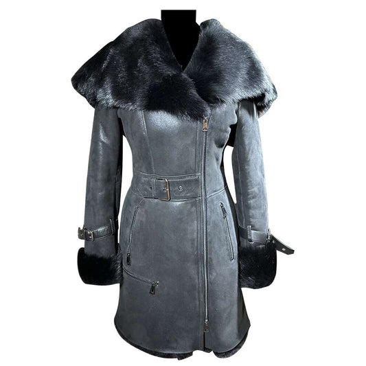 Women's Gray Genuine Leather Shearling Coat Winters Fur Coat