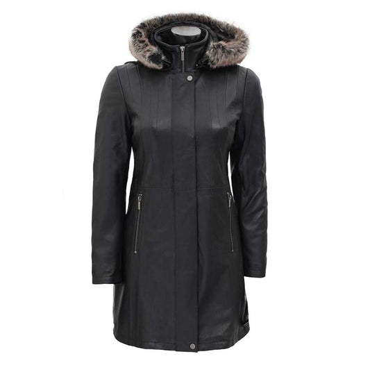 Women's Hooded Black Shearling Collar Leather Coat | Fur Leather Hoodie