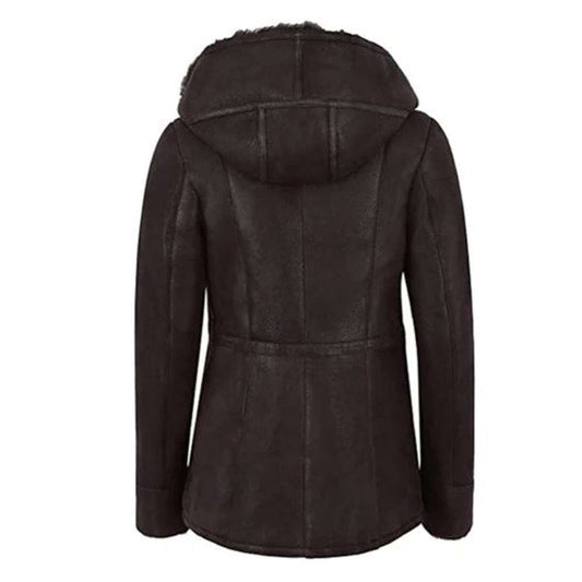 Women's Hooded Shearling Coat Winter Genuine Leather Jacket