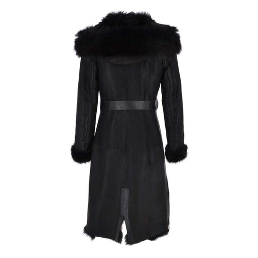 Women's Long Black Leather Coat Shearling Huddie