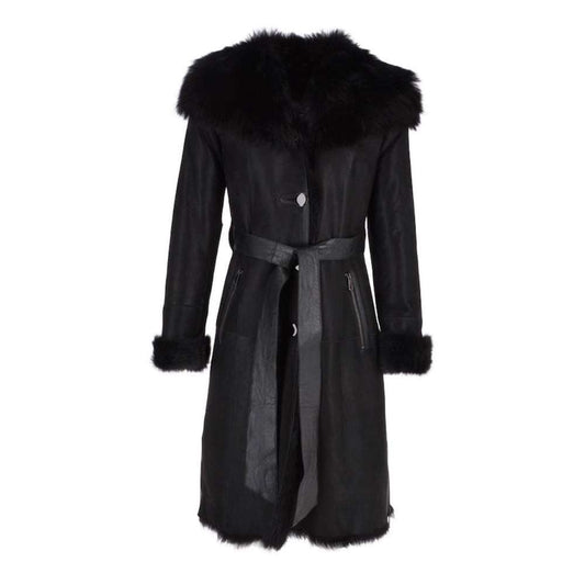 Women's Long Black Leather Coat Shearling Huddie