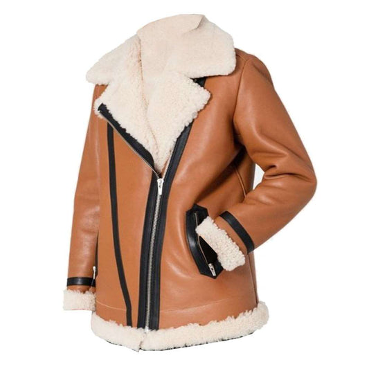 Women's Tan Biker Shearling Coat Real Leather Blazer Stripe Fur Jacket