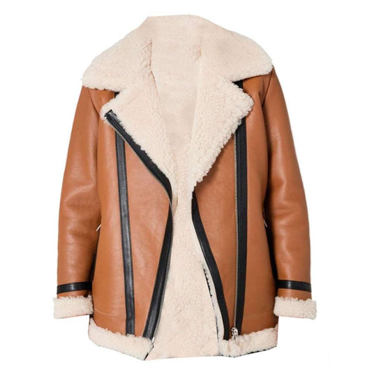 Women's Tan Biker Shearling Coat Real Leather Blazer Stripe Fur Jacket