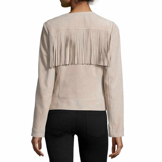 Women Slim Fit Fringe Leather Fashion Jacket Beige Back