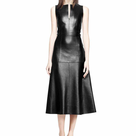 Women Black Long Leather Party Dress Coat
