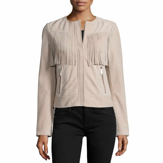 Women Slim Fit Fringe Leather Fashion Jacket Baige