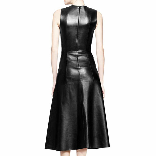 Women Black Long Leather Party Dress Coat