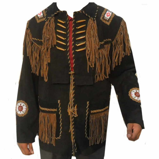 Native American Mens Black Western Suede Fringe Leather Jacket - Jacket Hunt