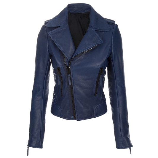 Women Navy Blue Biker Fashion Leather Jacket -