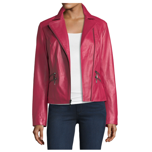 Pink Lambskin Women Biker Leather Jacket -