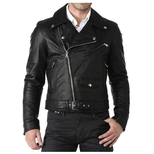 Men Classic Motorcycle Leather Jacket Black Belt - 
