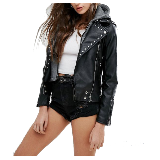 Women Pin Motorcycle Leather Jacket -