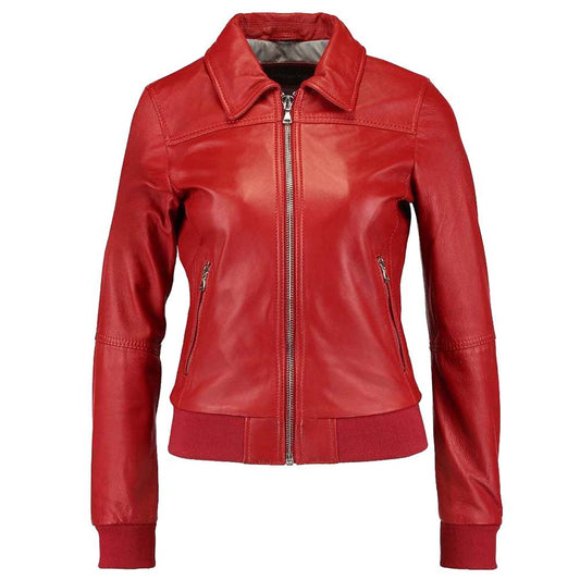 WOMEN RED BOMBER MOTORCYCLE LAMBSKIN SLIM FIT JACKET - 