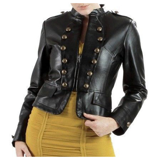 Women Short Body Military Lambskin Leather Jacket -