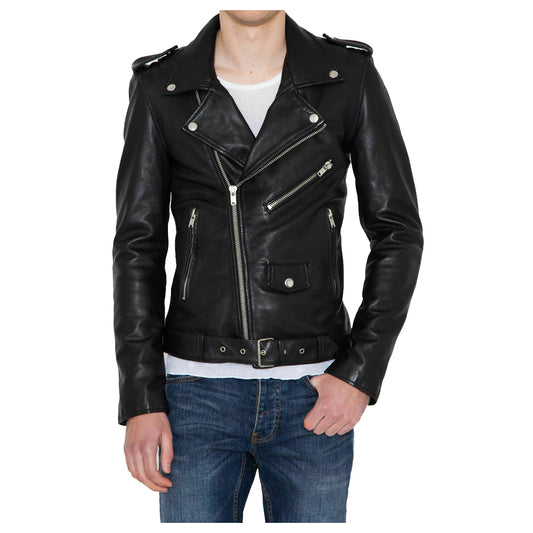 Men Biker Fashion Leather Jacket Belt